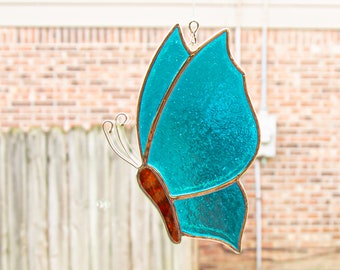 Stained Glass Aqua Blue Butterfly Suncatcher