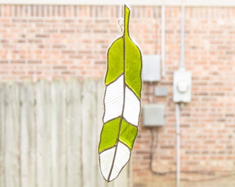 Stained Glass Lime Green Feather Suncatcher, Handmade Artisan New Home Housewarming Gift