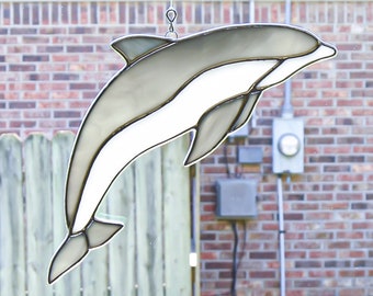 Stained Glass Dolphin Suncatcher, Beach Lovers Gift, Handmade Artisan Glass Home Decor, Window Hanging Housewarming Present