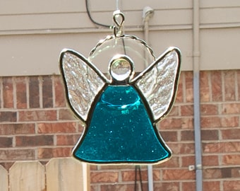 Stained Glass Aqua Tiny Angel Suncatcher, Artisan Glass New Home Gift, Housewarming Present, Christmas Tree Ornament