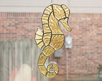 Stained Glass Seahorse Suncatcher, Beach Lovers Gift, Handmade Artisan Glass Home Decor, Window Hanging Housewarming Present