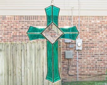 Stained Glass Teal Green Cross Suncatcher, Christian Gift, Handmade Window Hangings, New House Home Decor