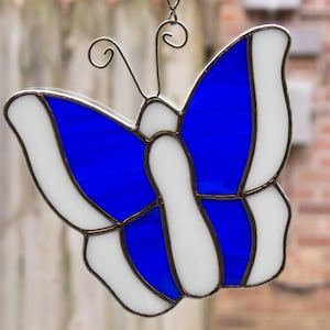 Stained Glass Blue and White Butterfly Suncatcher