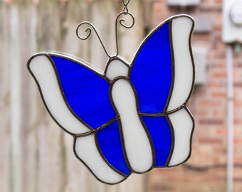 Stained Glass Blue and White Butterfly Suncatcher