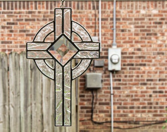 Stained Glass Clear Textured Celtic Cross Suncatcher