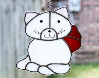 Stained Glass White Kitty Suncatcher