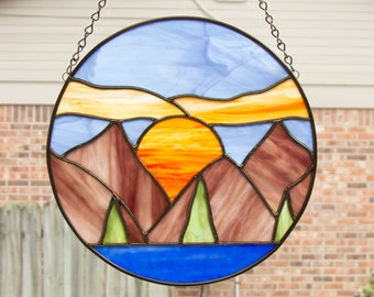 Mountain Scene Stained Glass Panel, Window Hanging, New House Home Decor, Artisan Glass Gift for Her