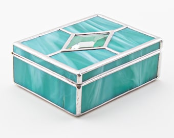 Teal Green Stained Glass Jewelry Box, Handmade Artisan Keepsake Trinket Box, Wedding Ring Storage, Gift for Her