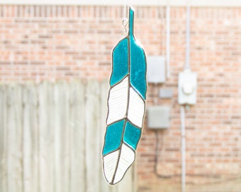 Stained Glass Aqua Feather Suncatcher, Handmade Artisan New Home Housewarming Gift