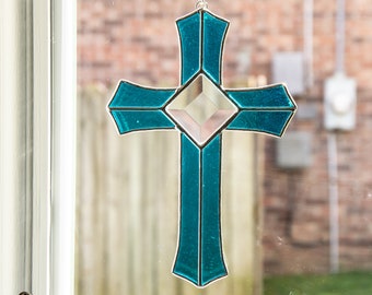 Stained Glass Aqua Cross Suncatcher