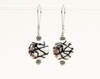 Lampwork Bead Earrings in Ivory, Light Purple and Black