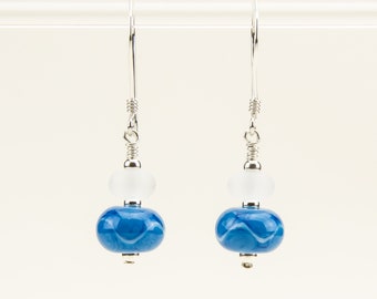 Aqua Blue and White Handmade Lampwork Earrings