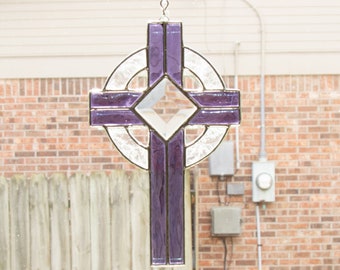 Stained Glass Grape Purple Celtic Cross Suncatcher, Handmade Artisan Glass Home Decor, New Home Housewarming Gift, Religious Christian Gift