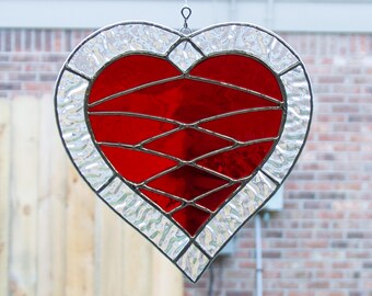 Diagonal Patchwork Heart, Red Valentine Heart, Stained Glass Suncatcher, Home Decor, Gift for Her