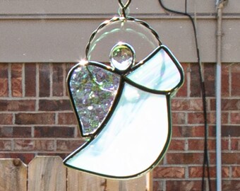 Stained Glass White Iridescent Tiny Angel Suncatcher