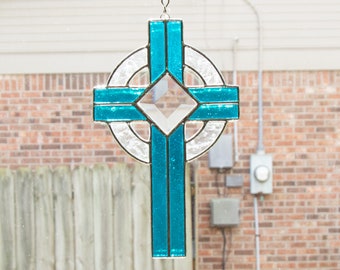 Stained Glass Aqua Celtic Cross Suncatcher, Handmade Artisan Glass Home Decor, New Home Housewarming Gift, Religious Christian Gift