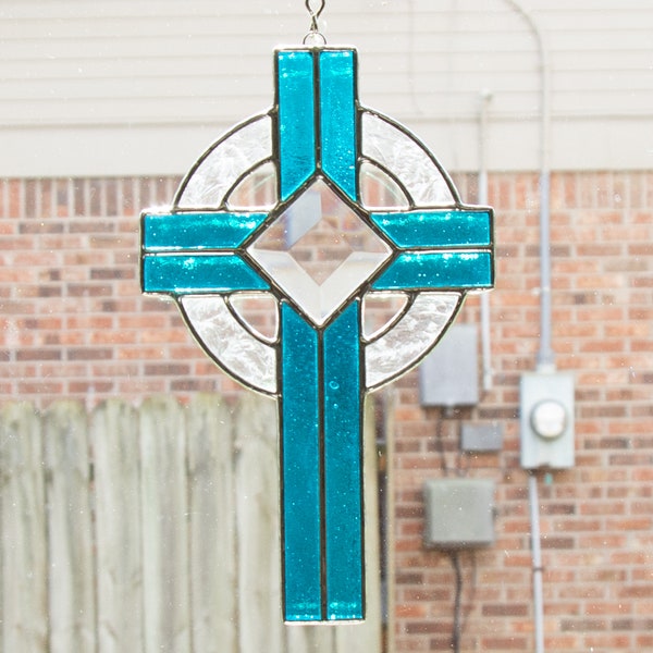 Stained Glass Aqua Celtic Cross Suncatcher, Handmade Artisan Glass Home Decor, New Home Housewarming Gift, Religious Christian Gift