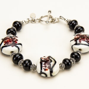 Lampwork Glass Bead Ivory, Red and Black Bracelet