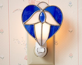 Blue and White Victorian Heart Stained Glass Night Light, Handmade Artisan Glass, Home Decor, New House Gift for Her