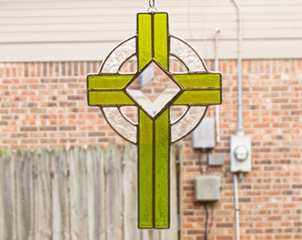 Stained Glass Lime Green Celtic Cross Suncatcher, Handmade Artisan Glass Home Decor, New Home Housewarming Gift, Religious Christian Gift