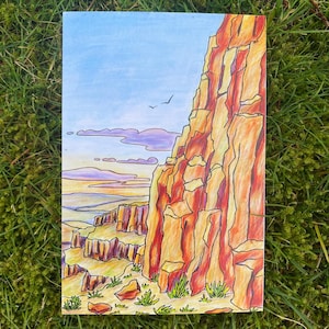 Illustration de paysage coucher de soleil sur les falaises du désert, Est de l'État de Washington | Mini carte postale imprimée d'art |