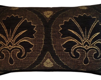 pillow lumbar luxe italian chenille gold black floral design leather back gold living room den bedroom