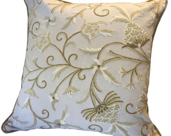 pillow embroidery crewel flower english linen luxurious couture feathers insert included