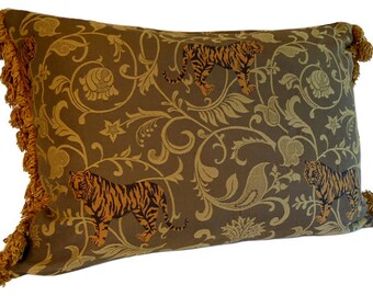 pillow lumbar luxe italian brocatelle tigers floral design leather crocodile look back  living room den bedroom 067 gold caramel