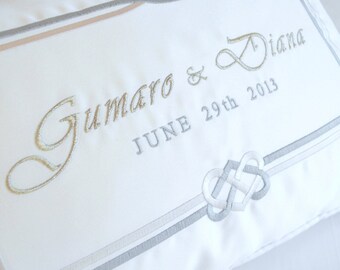 wedding pillows pair white satin metallic silver grey champagne padrino madrina de cojines names date colors