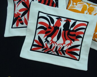 hand embroidery Otomi pillow red and black animals and flowers birds mexican folklore craft
