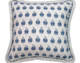 pillow linen blue and white flange feathers down insert couture living room bedroom den luxe interior design
