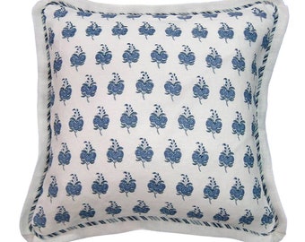 pillow linen blue and white flange feathers down insert couture living room bedroom den luxe interior design