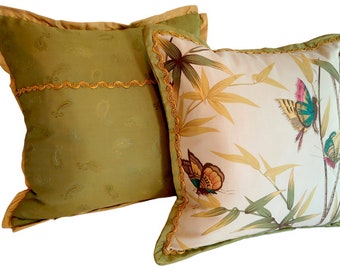 pair pillows silk print silk jacquard silk trim couture luxurious pair two pillows avocado green bamboo exotic butterflies paisley