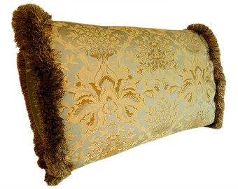 luxury large pillow silk damask sage gold custom brush fringe made designer fabric 025