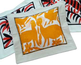 hand embroidery cotton Otomi pillow orange gold white with lions birds exotic flowers Mexican folklore