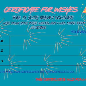 May include: A teal certificate with the text "CERTIFICATE FOR WISHES" in pink. It includes space to write three wishes and a line for an email address. A party hat graphic is in the upper right corner.