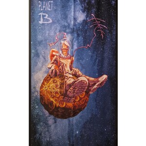 Op de afbeelding: Een wandkleed met een cartoon-astronaut die op een planeet zit met de tekst "THERE IS A PLANET B" in de linkerbovenhoek. De achtergrond is donkerblauw met witte sterren en een sterrenstelsel.
