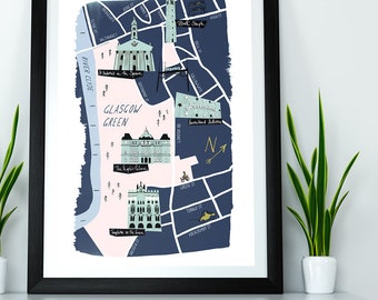 Glasgow Map Barrowlands Giclee Print | Navy colour | Graduation Gift | Scotland Print | Travel Art | Housewarming