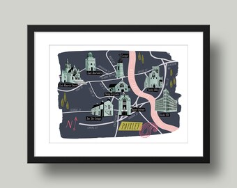 Paisley Illustrated Map Giclee Print | Graduation Gift | Scotland Print | Travel Art | Housewarming