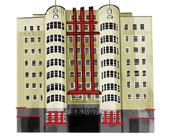 Glasgow Beresford Building Print, Scottish Travel Art Housewarming, Art Deco print, Illustrated Wall Art for Glaswegian