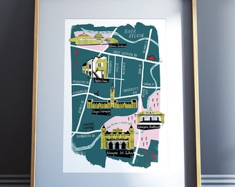 Glasgow Map West End Giclee Print | Teal colour | Graduation Gift | Scotland Print | Travel Art | Housewarming