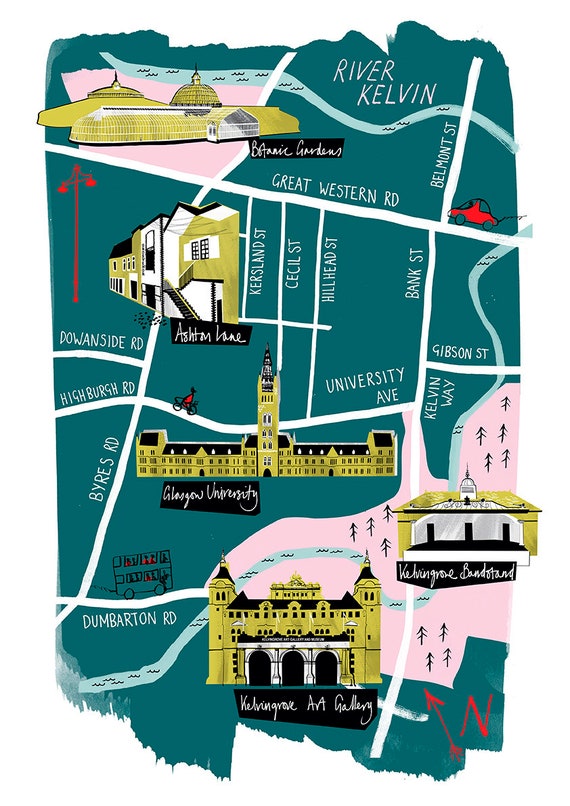 Glasgow Botanic Gardens Map Glasgow Map West End Giclee Print Teal Colour Graduation | Etsy Canada