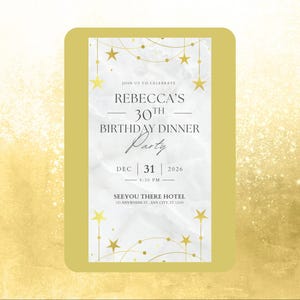Elegant Gold Stars 30th Birthday Dinner Invitation | Marble & Gold NYE Party Invite | Editable Birthday Party Digital Download