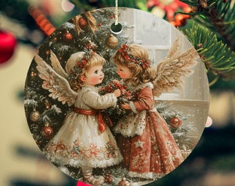 Figuras de ángeles navideños de cerámica vintage, decoración navideña retro