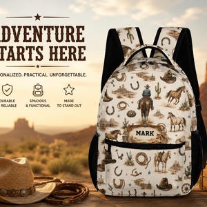 Personalized Western Cowboy Backpack – Rustic Horse & Desert Print School Backpack for Kids, Teens