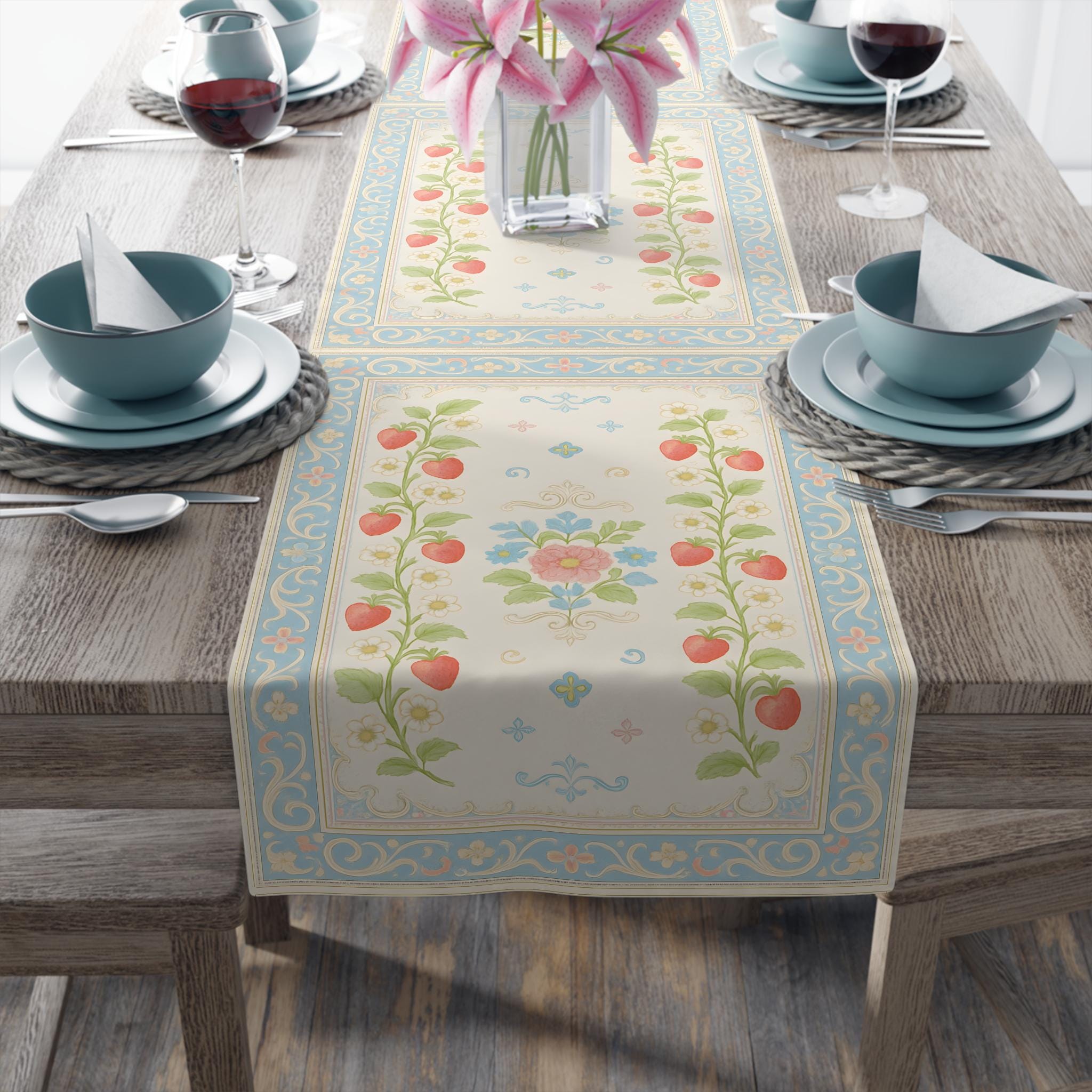 Strawberry Vintage Table Runner: Romantic Farmhouse Kitchen Decor