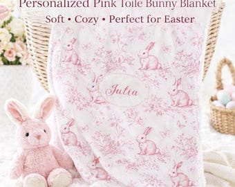 Personalized Pink Toile Bunny Blanket – Easter Bunny Throw Blanket, Spring Cottagecore Decor, Custom Name Baby Blanket, Easter Gift