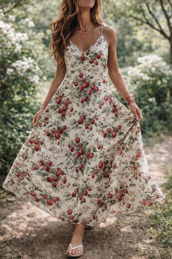 Strawberry Floral Maxi Dress, Cottagecore Summer, Vintage Botanical Sundress, Ivory Strawberry Boho Slip