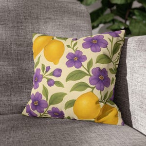 Funda de almohada cuadrada, diseño floral de limón, decoración acogedora para el hogar, funda con estampado de limón, regalo bonito, cojín con acento primaveral, textiles para el hogar.