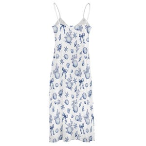 Vestido largo azul con diseño de conchas marinas, vestido veraniego náutico para vacaciones en la playa, vestido de verano fluido sin mangas para mujer. imagen 7